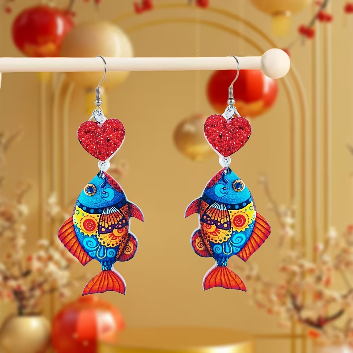 Women's Handmade Iridescent Fish and Heart Pendant Drop Earrings